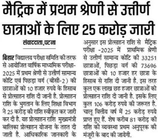 Bihar Board 10th Scholarship 2025 New Update