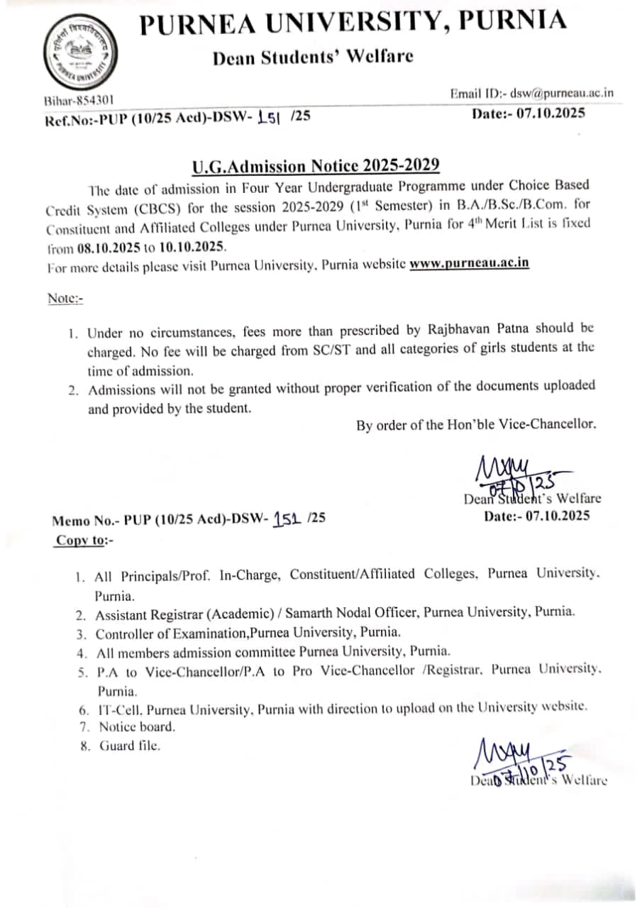 Purnea University UG 4th Merit List 2025 जारी — पूर्णिया यूनिवर्सिटी एडमिशन 2025-29 4th मेरिट लिस्ट जारी, यहां से चेक करें अपना नाम